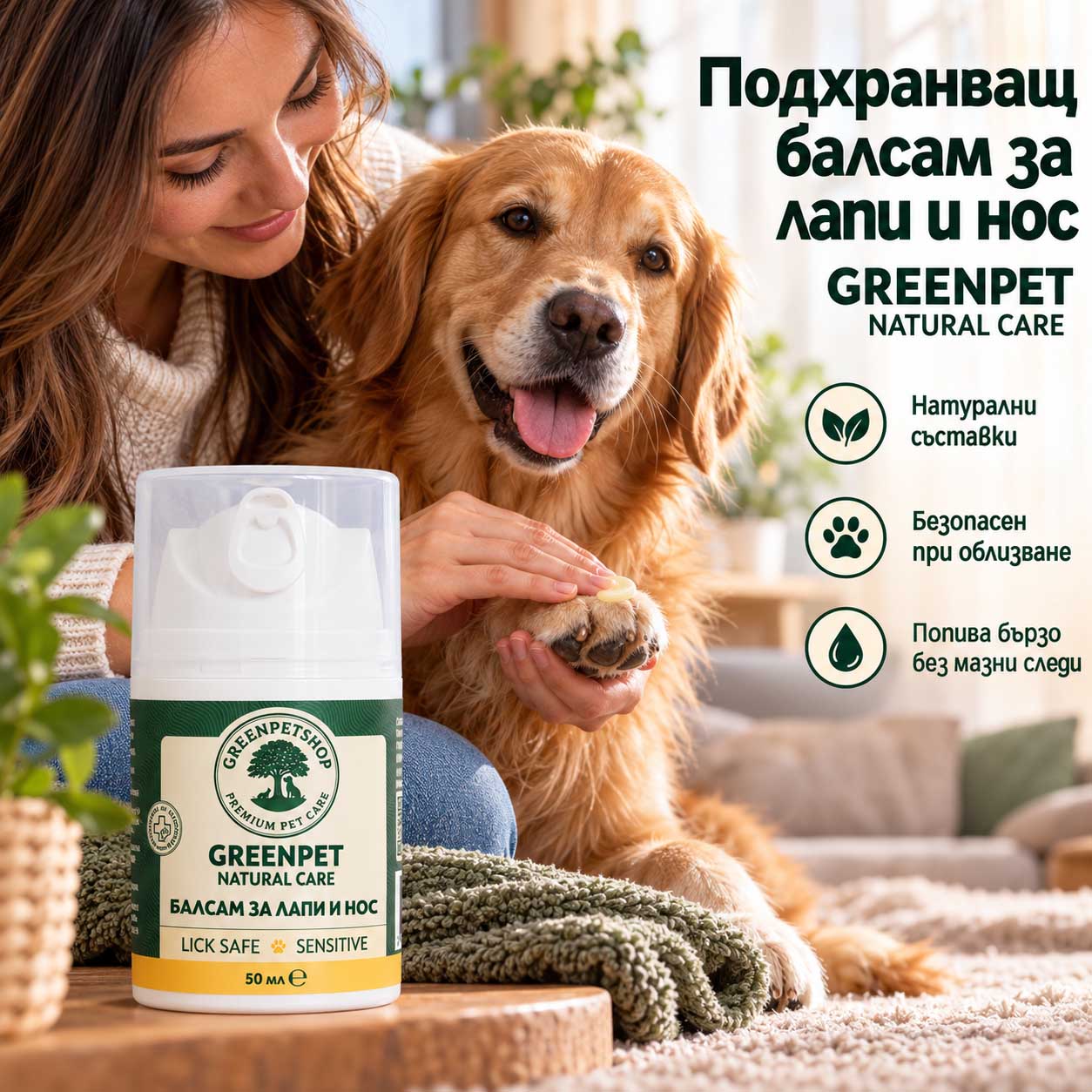 натурален подхранващ балсам за лапи и нос greenpet